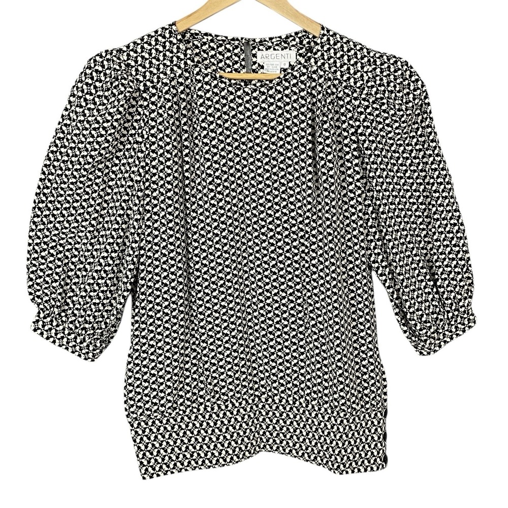 Vintage Argenti Silk Black White Geometric Puff Sleeve Top Womens 8 Mod Career